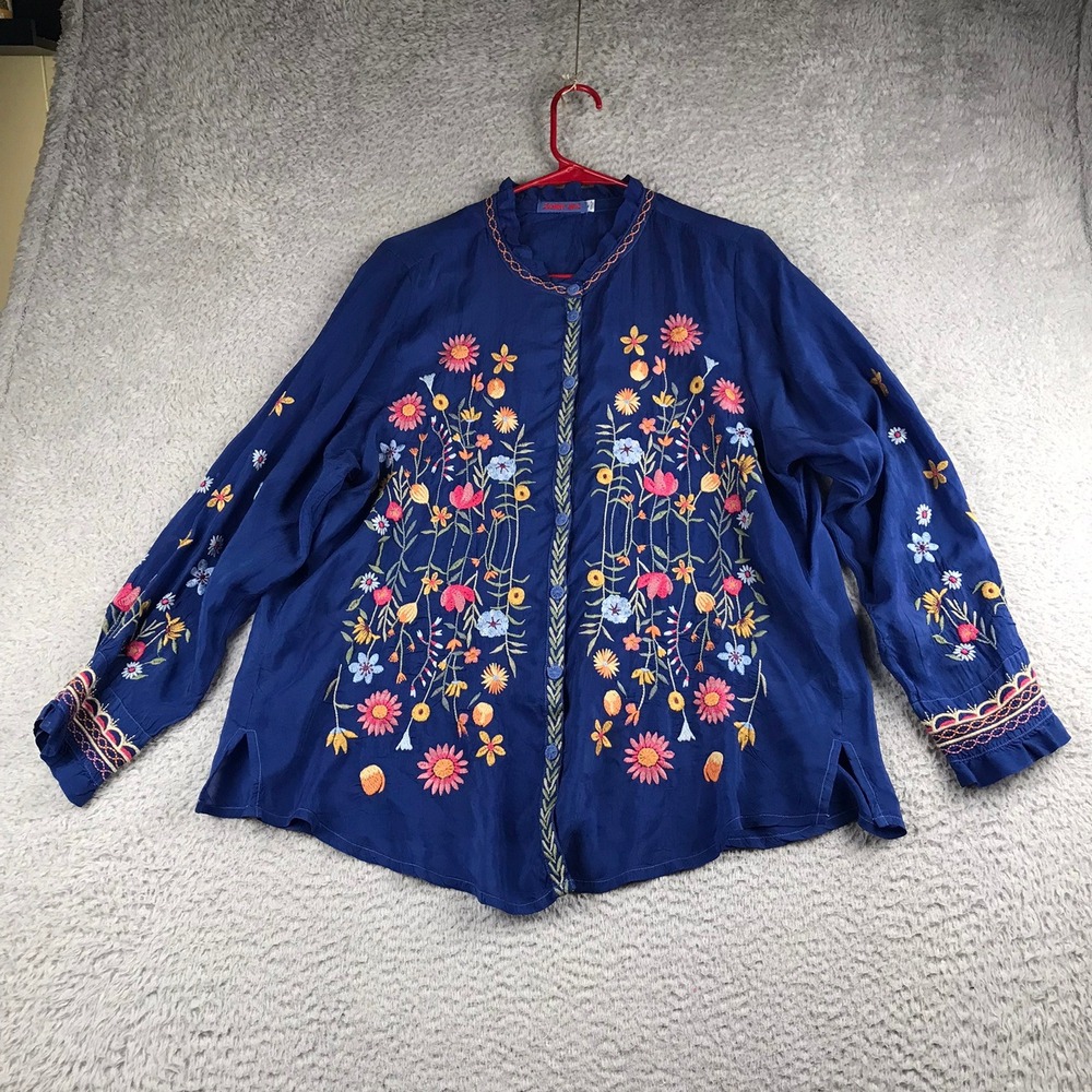 Johnny Was Iolanda Blouse Women XL Blue Floral Embroidered Cupra Rayon Tunic